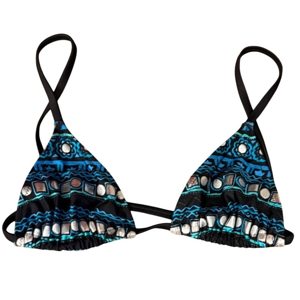 Blue‎ Black Silver Metallic Geometric Tribal Print Triangle Bikini Top Halter